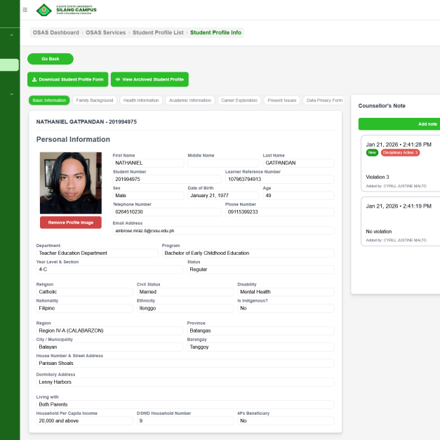 Detailed student profile page showing profile photo, personal and contact fields, program info, and a counselor notes panel.