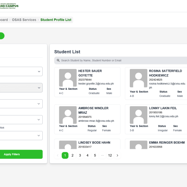 Student directory with left-side filters (department, program, year, section, status) and right-side searchable grid of student cards.
