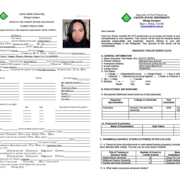 Two printed university forms side-by-side: a student profile intake sheet with photo, family and health sections, and a graduate tracer survey page.